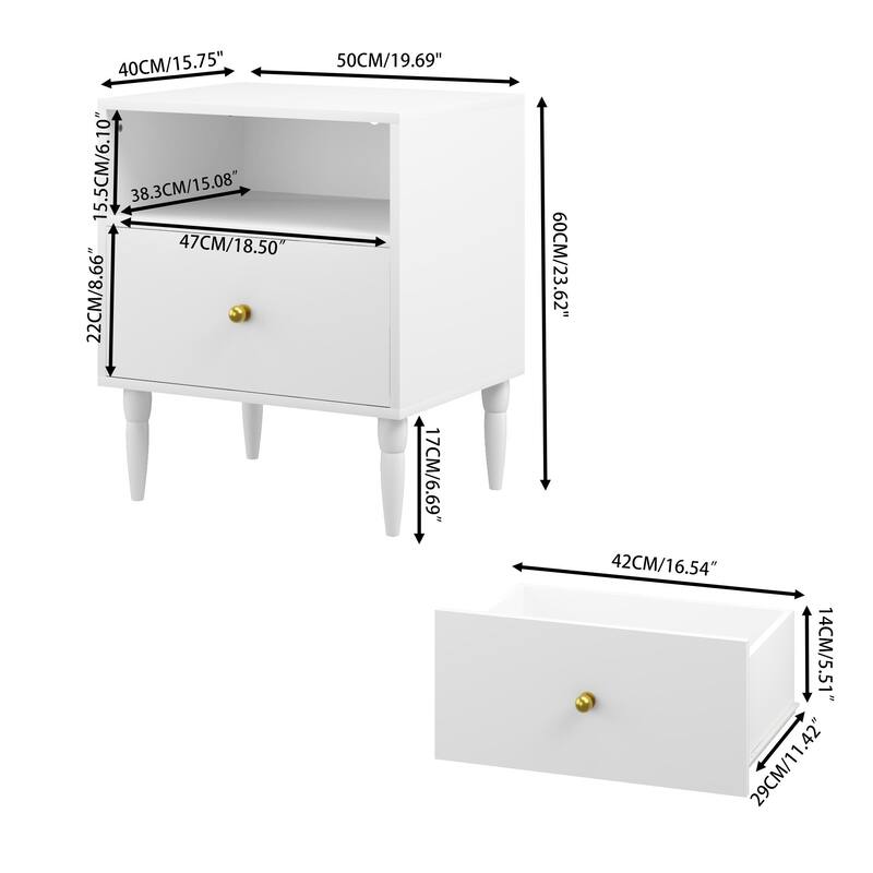 Anmytek White Nightstand with Drawer, Open Shelf, Gold Knob, Solid Wood Legs, Modern Bedside Table