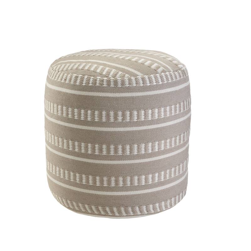 20" Taupe and White Striped Round Outdoor Patio Pouf Ottoman