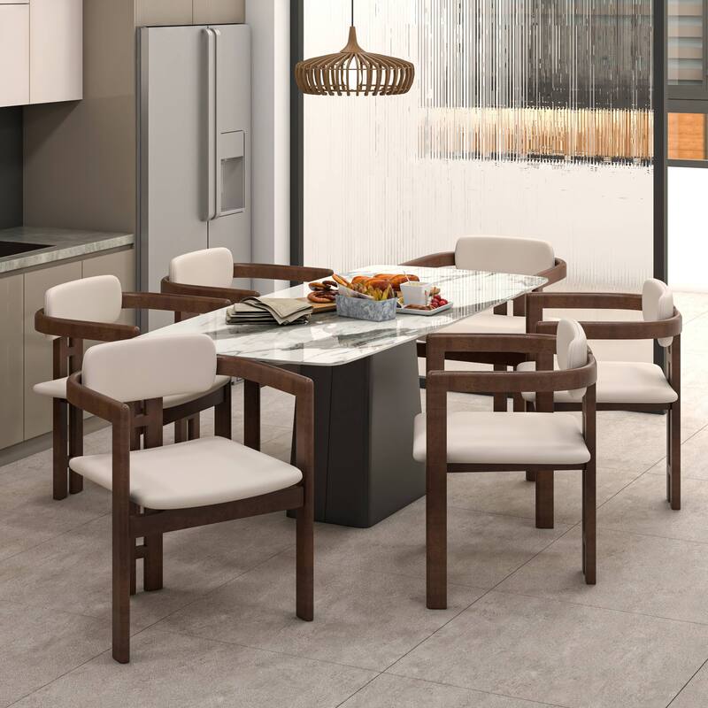 Dining Chairs Upholstered Leather Seats in Rubberwood Set of 2 Arm Chairs Open Back Design