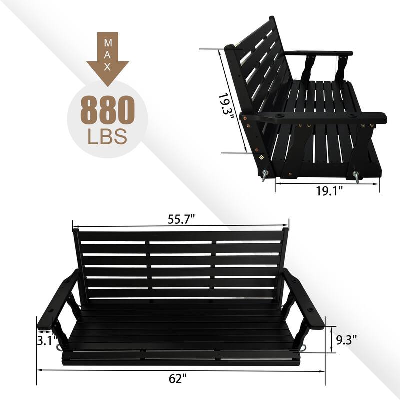 Wooden Porch Swing with Hanging Chains and 7mm Springs Heavy Duty 800 LBS for Outdoor Patio Garden Yard