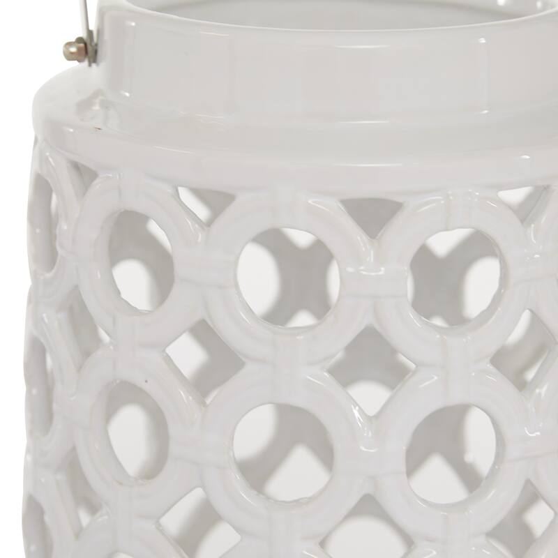 White Ceramic Circles Decorative Indoor Outdoor Candle Lantern with Cut Out Design - 7 x 8 x 11