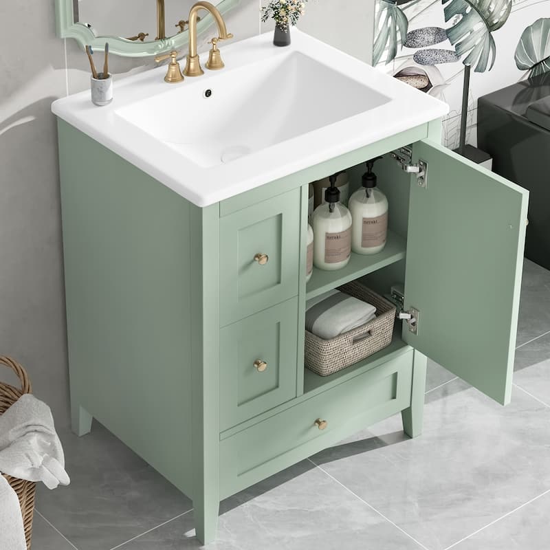 24-Inch Bathroom Vanity with Storage, Adjustable Shelf, MDF & Rubberwood, Removable Dividers