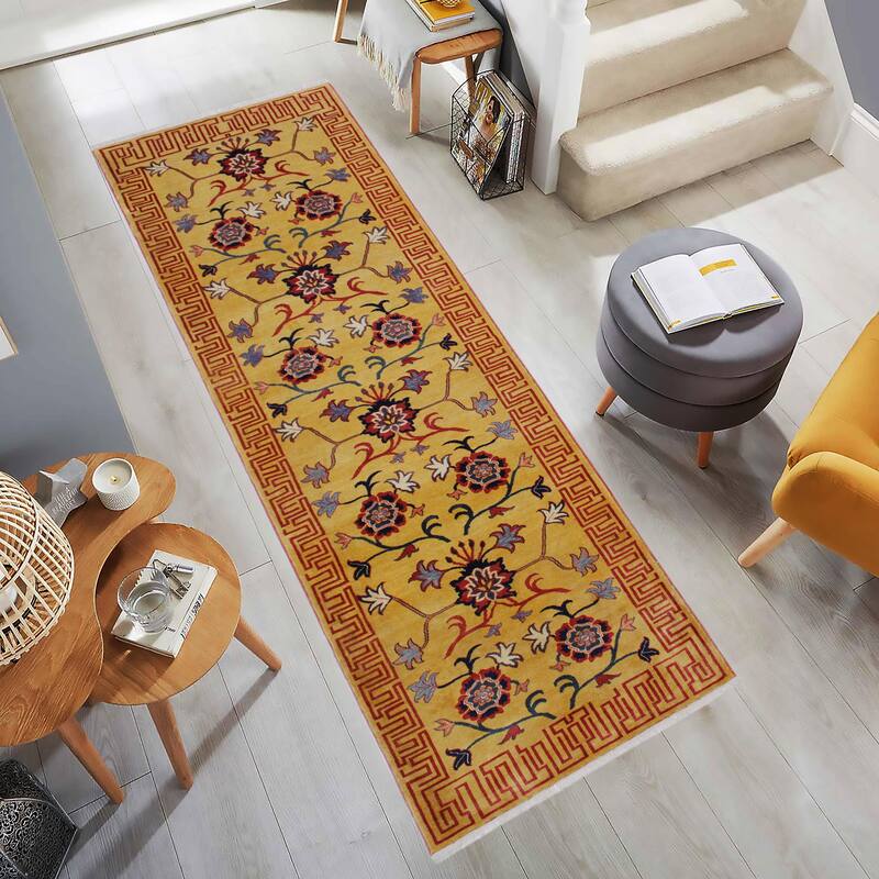 Southwestern Super Kazak Enzo Gold/Red Hand Knotted Wool Runner - 2'11'' x 10'1''