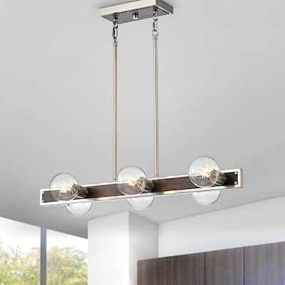 Brushed Nickel and Wood 6-Light Linear Island Lighting - Brushed Nickel and Wood