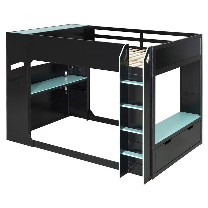 Full Size Wood Loft Bed with Height-adjustable Desk, Drawers,Storage Compartments, Hanging Rod and RGB Lights
