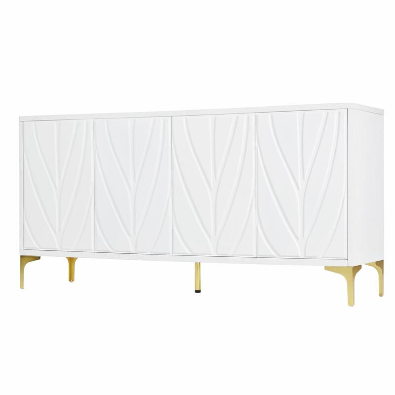 60" Carved Credenza Storage Cabinet, Handleless Press-to-Open Sideboard with 4 Doors