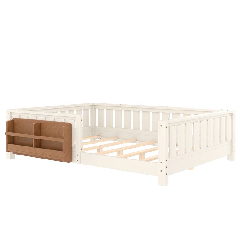 Montessori Floor Bed Low Profile Kids Bed with Rails & Bookshelf