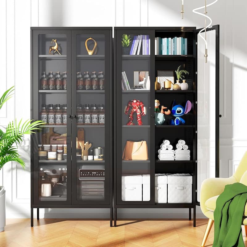 67'' Pantry Storage Cabinet Glass Display Sideboard Buffet Cabinet Curio Bookcase with Glass Doors and 4 Adjustable Shelves