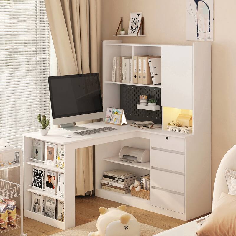L Shaped Desk with Charger - White