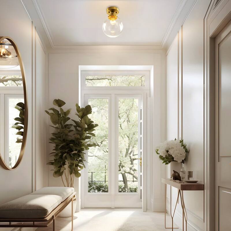 8" 1-Light Modern Brass Glass Globe Semi Flush Mount Light for Corridor - 1 Light