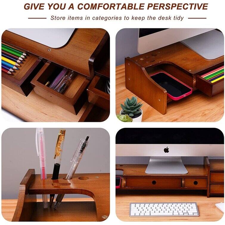 Wood Computer Monitor Stand Desktop Organizer with Drawer