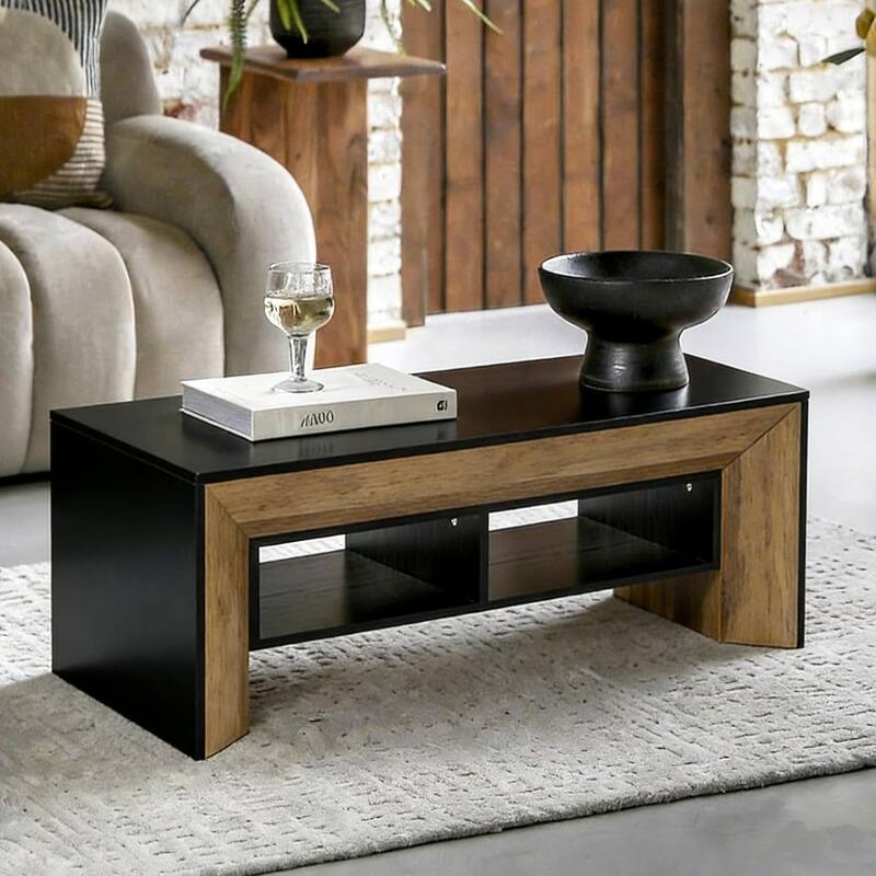 Rectangular Coffee Table with 2-Tier Storage, Modern Wood Center Table for Home Living Room