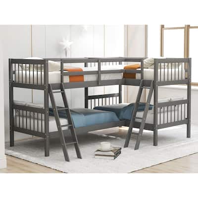 Space-Saving L-Shaped Twin Bunk Bed with Solid Pine Frame and Full-Length Guardrails
