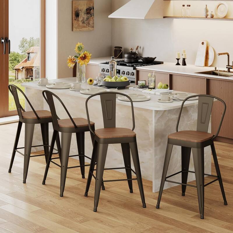 Counter & Bar Stools with Metal Frame Kitchen Stools with High Back Kitchen Bar Furniture Stools with Wooden Seat