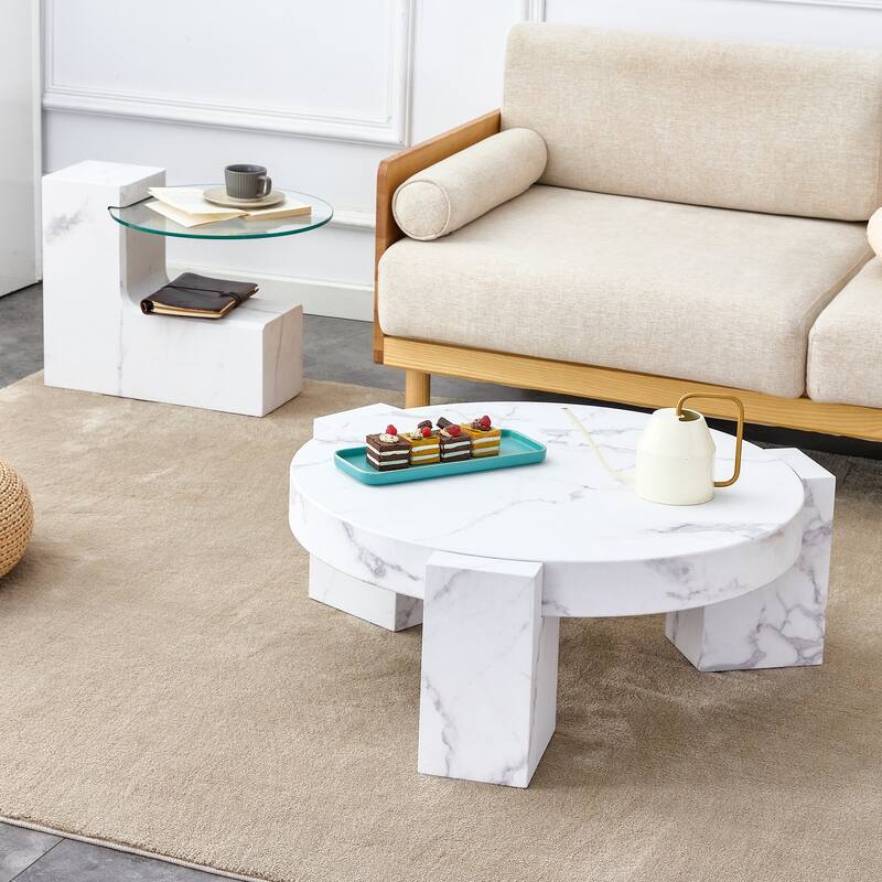 Fashionable Marble Textured MDF Coffee Table with Side Table, Versatile for Living Room and Bedroom