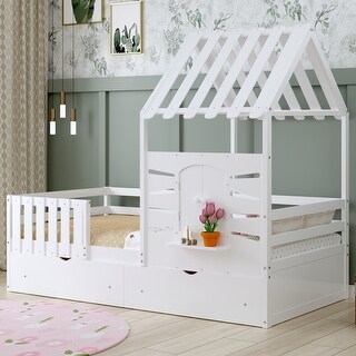 Twin Size House Bed w/ 2 Storage Drawers & Guardrails, Playhouse Bed w/ Roof and Window, Wooden Bed for Girls & Boys, White