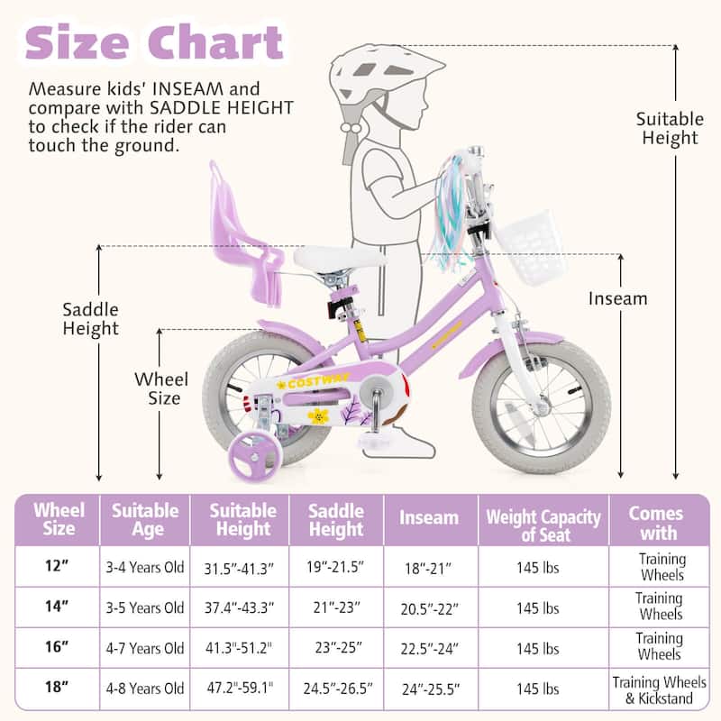 Costway 16" Kids Bicycle with Basket Doll Seat Colorful Streamers - See Details