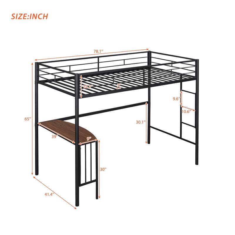Industrial Metal Twin Loft Bunk Bed Steel Bedframe w/Desk, Twin Loft Bed for Kids Teens, Noise Free & No Box Spring Required