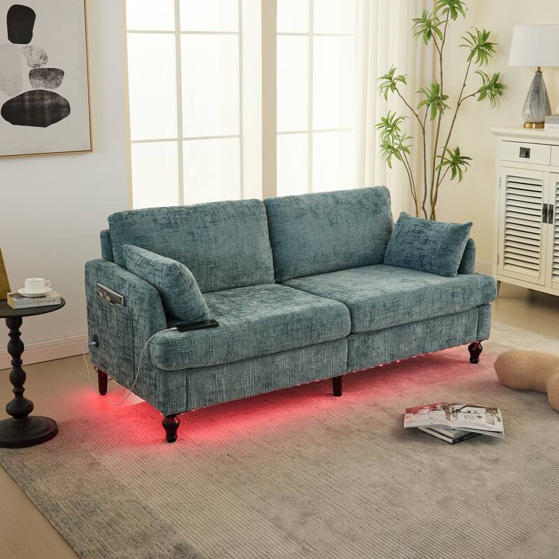 Modern Style Chenille 2-Seater Wood-Legged Sofa With Led Light,USB Charging Port And Storage Bag Living Room Bedroom Study Room