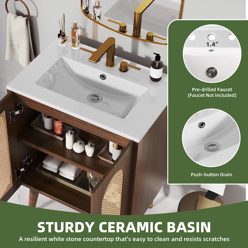 24" Rattan Boho Bathroom Vanity with Sink