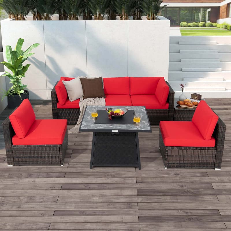Costway 7 PCS Patio Furniture Set with 35" Propane Gas Fire Pit Table - See Details - Red