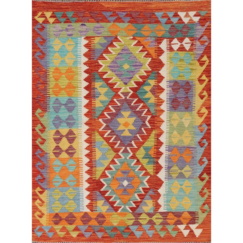Reversible Kilim Oriental Area Rug Hand-Woven Southwestern Wool Carpet - 3'6"x 4'10"