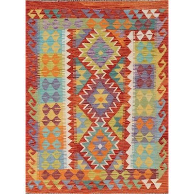 Reversible Kilim Oriental Area Rug Hand-Woven Southwestern Wool Carpet - 3'6"x 4'10"