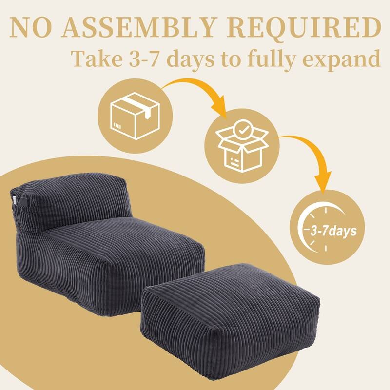 Corduroy Upholstered Lounger Large Ergonomic Support Compressed Bean Bag Sofa with Ottoman