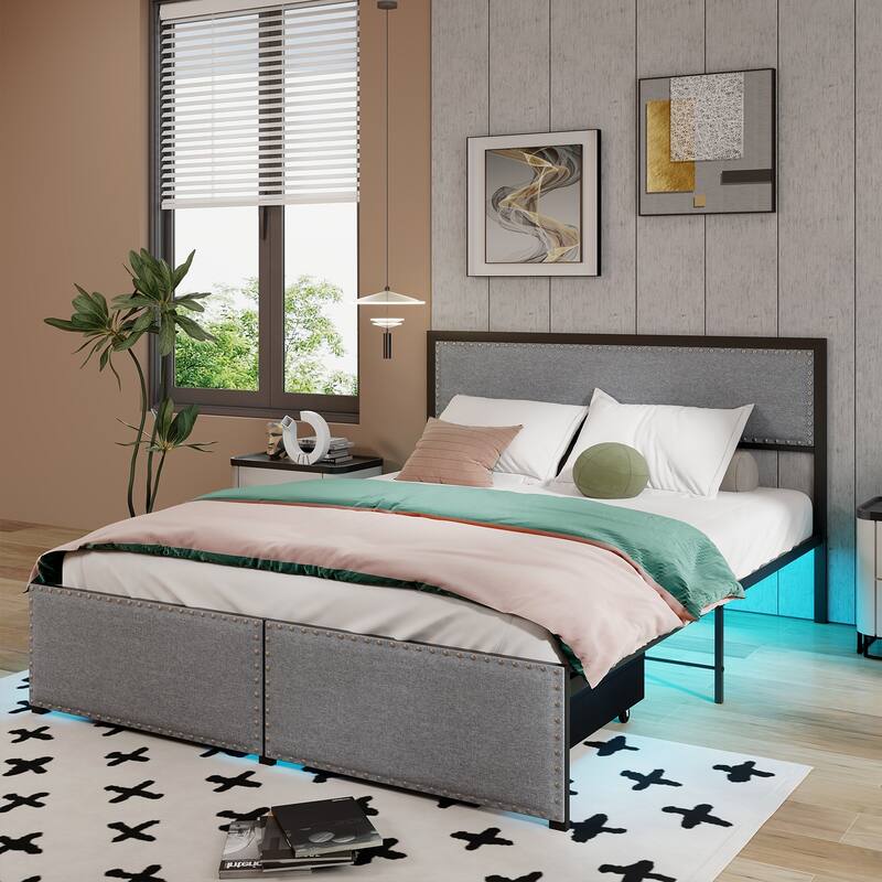 Full/Queen/Twin Size Bed Frame with LED Lights Drawer and Metal Slats