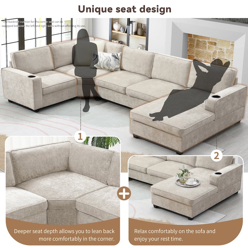 U Shaped Sectional Sofa, Chenille Corner Couch Set with Cup Holders