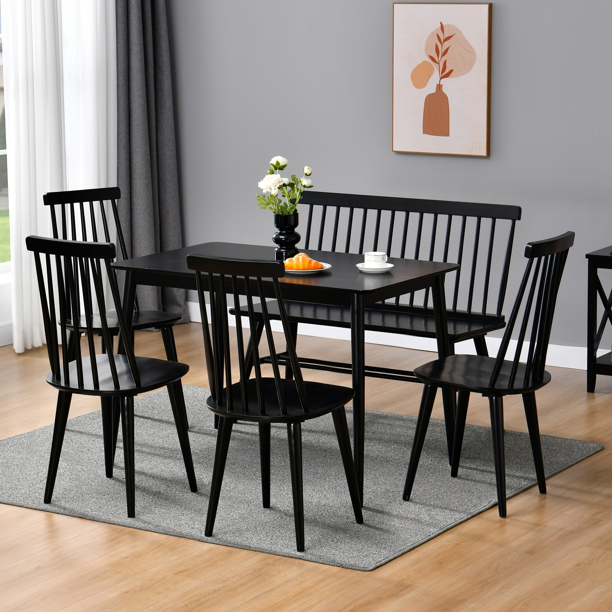 Farmhouse 6-Piece Dining Set(Wooden Dining Table, Windsor Chairs, Bench with Spindle Back)
