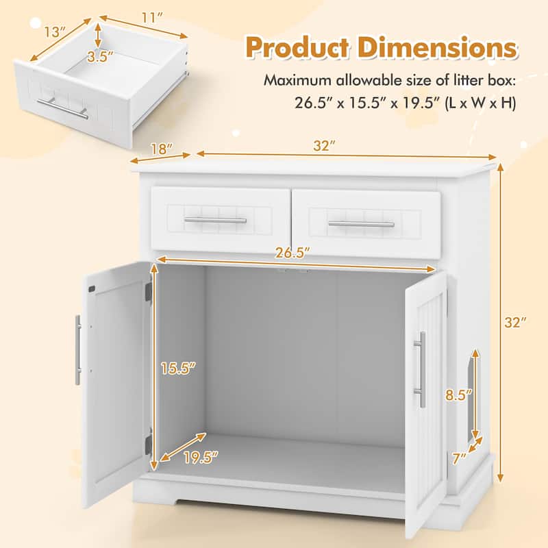 Gymax Cat Litter Box Enclosure w/ 2 Drawers Double Doors Anti-Toppling