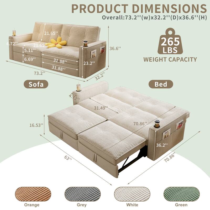 Multi-Functional Corduroy Loveseat Couch Convertible Sleeper Sofa Bed with Cup Holders and Side Pockets for Sitting, Sleeping