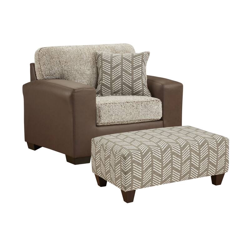 Roundhill Furniture Marvella 2-Piece Living Room Set, Chair and Ottoman, Chocolate Faux Leather and Curly Shearling Upholstery