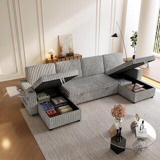 Oversized U-Shaped Plush Corduroy Sectional Sleeper Sofa With Pull Out ...