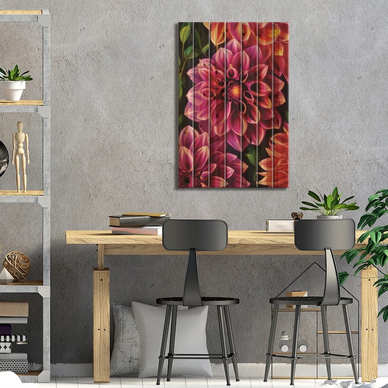 Dahlias In Pink And Orange Print On Wood by Jane Rix - Multi-Color