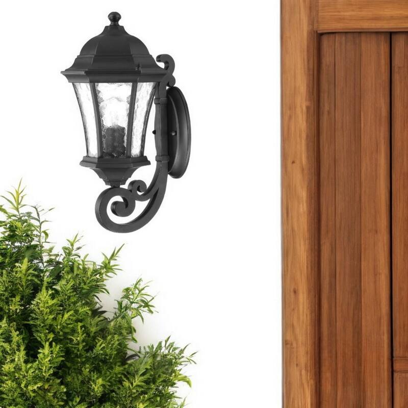 Matte Black Aluminum Outdoor Lantern Wall Light with Hammered Glass Hardwired LED - 9” x 8” x 16.5” (D x W x H)