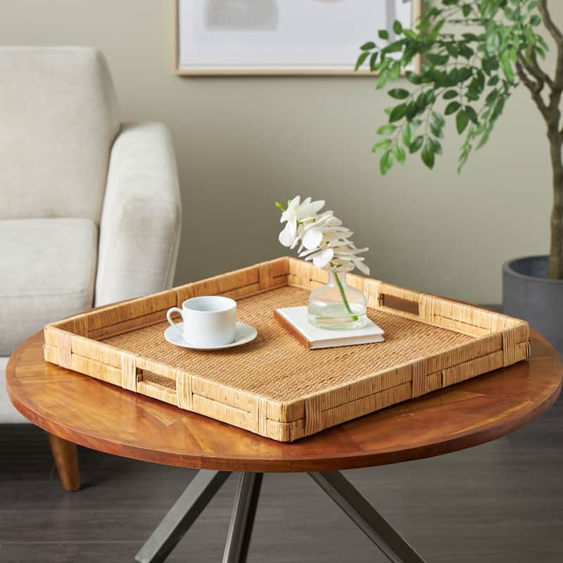 Rattan Handmade Woven Living Room Decor Tray with Slot Handles - Brown - Roche River Decor