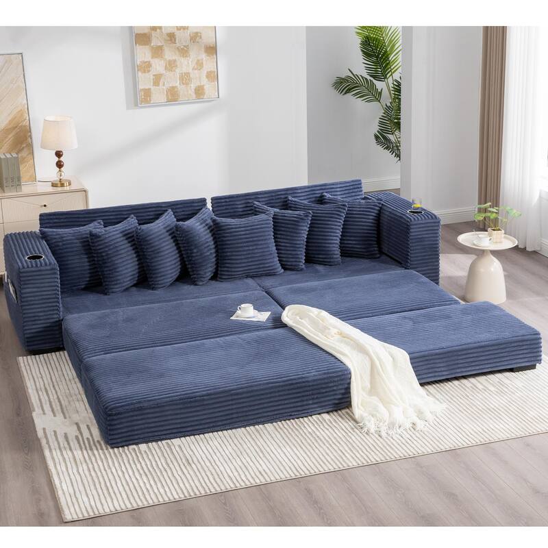 110.75" Corduroy Sectional Sofa, Convertible Sleeper Sofa Bed L-Shaped Upholstered Couch with Removable Footstool, Cup Holder