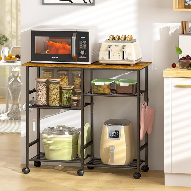 Kitchen Microwave Cart, Adjustable Shelf, Coffee Bar Stand Kitchen Baker's Rack with Wheels Rolling Storage Cart Organizer Shelf - Brown