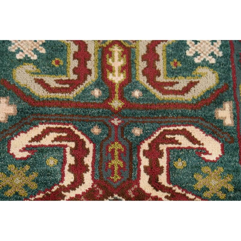 Green Geometric Kazak Indian Runner Rug Handmade Wool Carpet - 2'5"x 9'10"