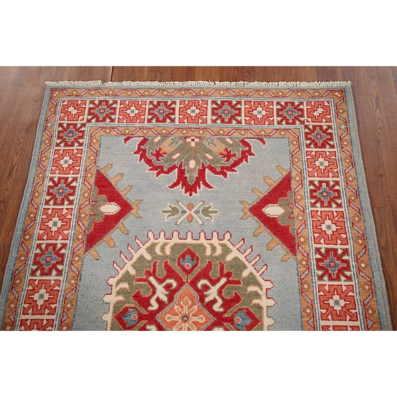 Kazak Accent Rug Hand-Knotted Geometric Wool Carpet - 3'4" x 4'11"