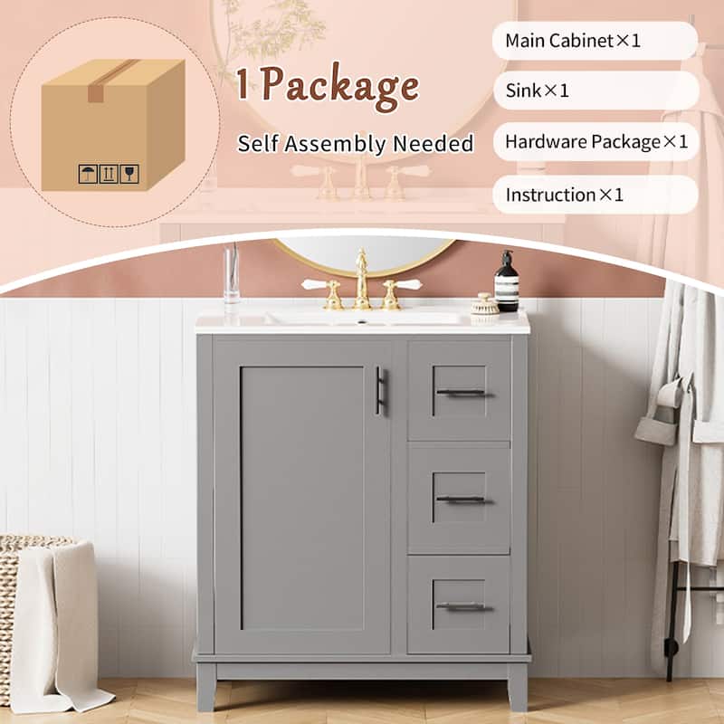 30" Bathroom Vanity with Ceramic Sink, Soft-Close Door, 3 Drawers, Rubberwood Frame, MDF Panels
