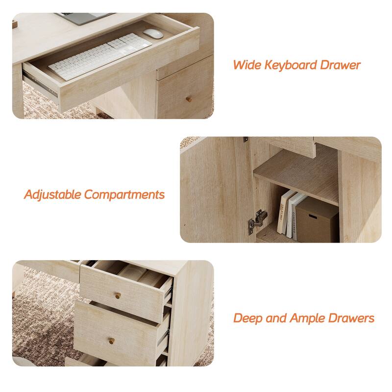 WAMPAT Home Office Furniture Set, 58" Executive Desk with Cabinet, 3-Column 71" Tall Bookcase with Doors and Adjustable Shelves