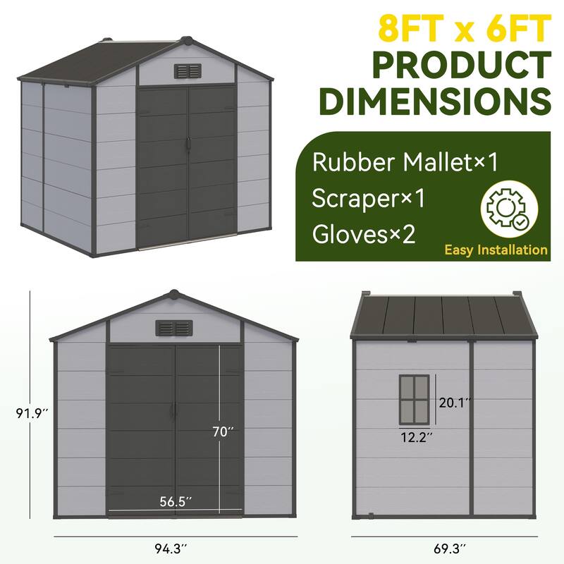EROMMY Outdoor Storage Shed with Built-In Floor, Lockable Double Doors & Sloped Roof, Gray/Black