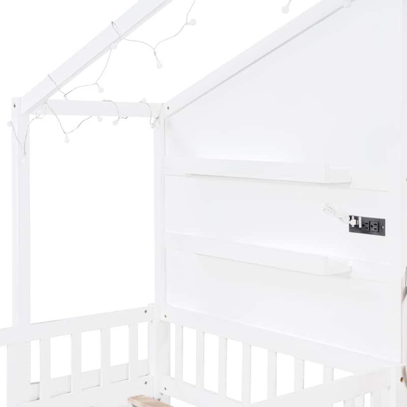 White Twin Size House Bed Creativity Kids Bed with Upholstered Sofa with Charging Station