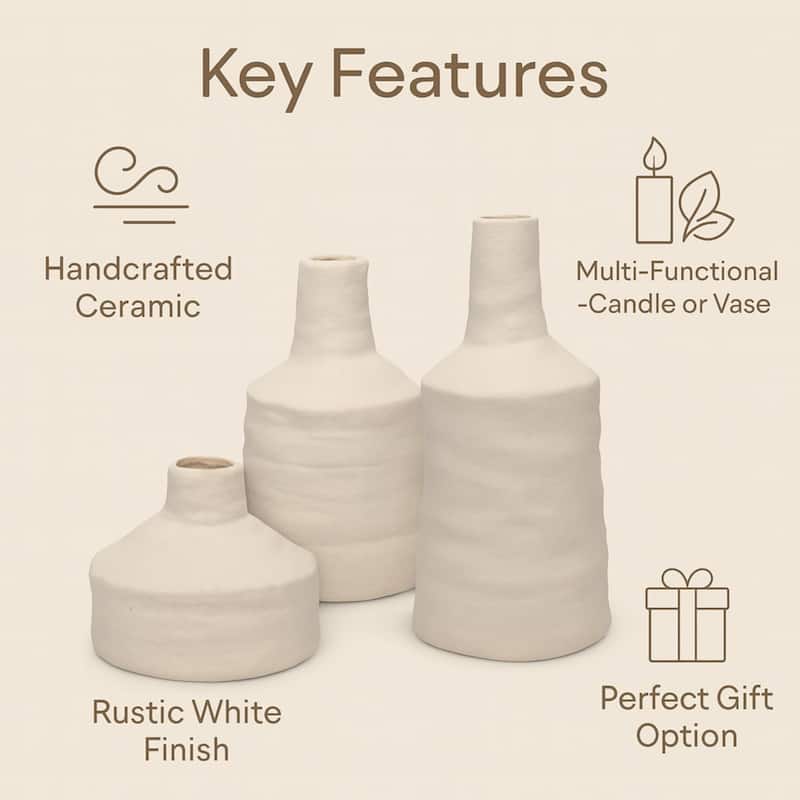 White Set of 3 Vintage Ceramic Candle Holders for Elegant Home Decor