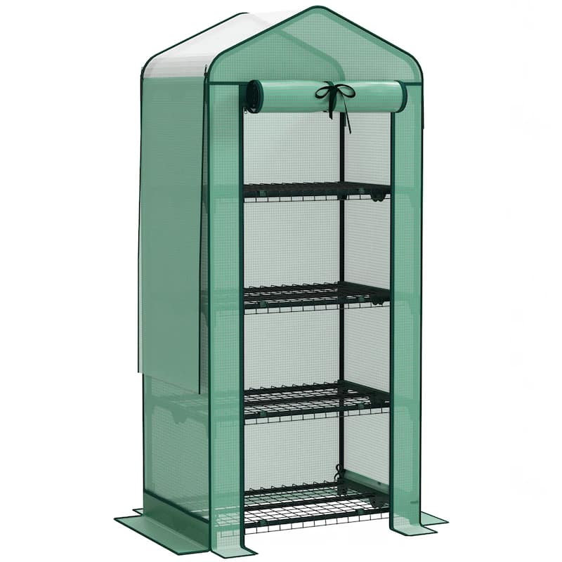4-Tier Portable Outdoor UV-Resistant Greenhouse PE Cover with Double-Layer Roof and Shelves - Green