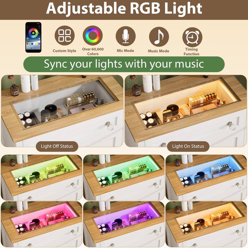 Drawer Dresser with LED Light - 4 Drawer Nightstand Cabinet with Night Light, Visible Glass Table-top