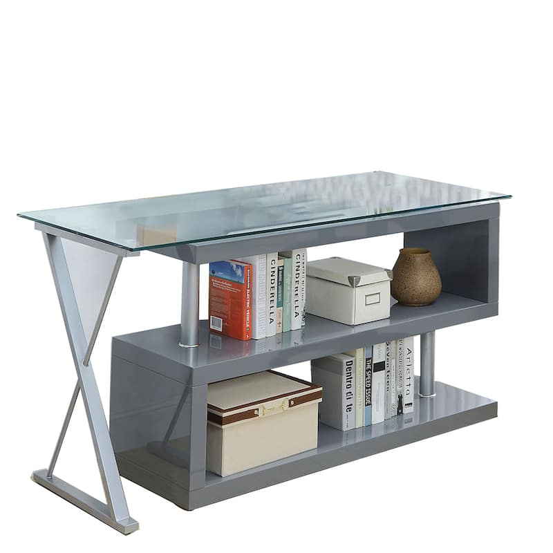 Corrugated Back Metal Frame Desk with USB Docks, Gray and Silver